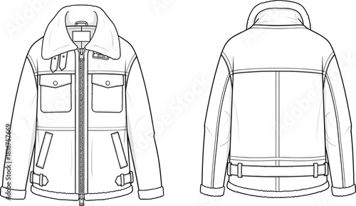 Shearling aviator jacket technical drawing, front and back views, fashion flat sketch, outerwear design, winter coat, cozy, pilot style, warm, stylish, vector, illustration, garment, blueprint, rugged