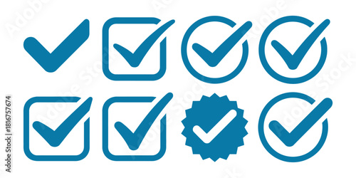 Collection of diverse blue checkmark icons representing approval, completion, verification, correct choice, and agreement Vector