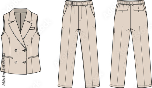 Women's suit set drawing, double-breasted vest and trousers, colored fashion flats, professional, elegant, stylish, tailored, modern, vector, illustration, garment, blueprint, business casual.