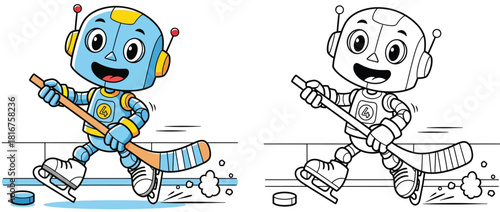 Cute cartoon robot playing ice hockey. Vector illustration for kids coloring book showing colored version and black and white outline.