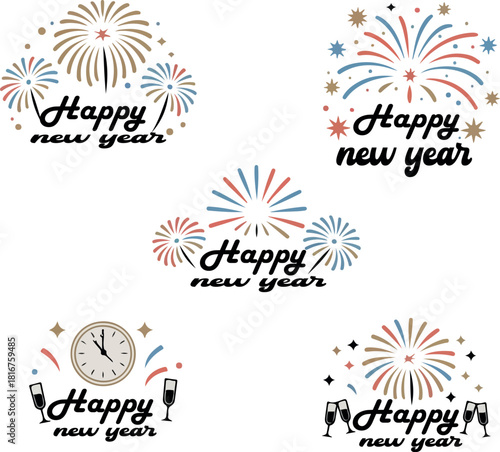 Happy new year fireworks clebration logo vector white background .