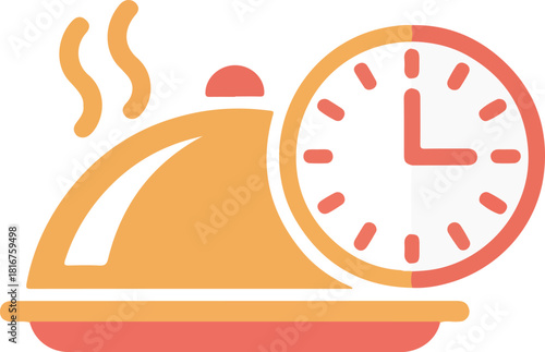 Hot food vector icon with serving cloche and clock symbolizing fast delivery or meal preparation time