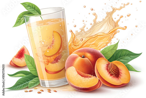Realistic Peach Juice Glass with Droplets and Leafy Garnish ? Fresh Organic Drink Concept.eps