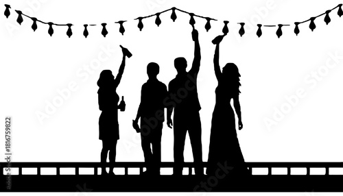 Silhouette party celebration with drinks and string lights fun
