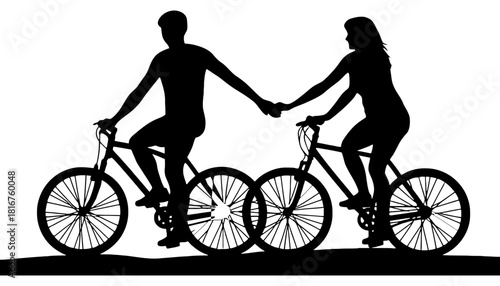 Silhouette of couple riding bikes holding hands in black and white