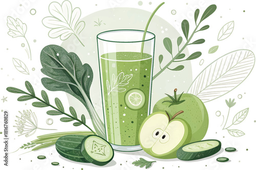 Fresh Organic Green Smoothie Surrounded by Natural Ingredients ? Clean Eating Lifestyle Image.eps