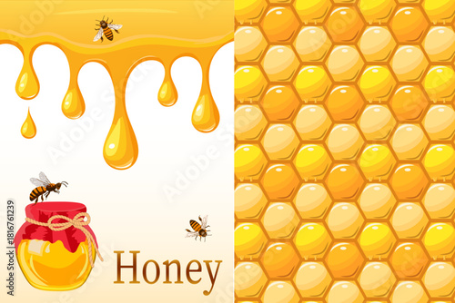 Colored banner with honey background and text.Vector illustration with honey background, bees and jar on light background with honey drips.