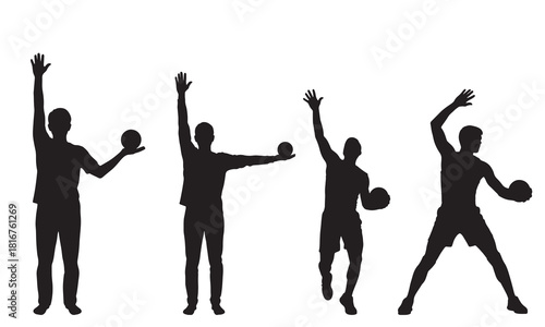 Four male athletes in silhouette poses holding balls for sports illustration