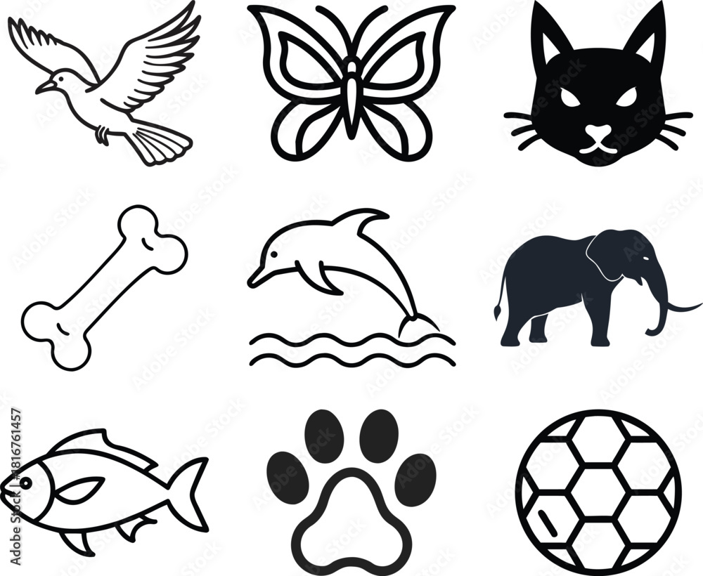 Obraz premium Nine Animal and Pet Icons Grid: Dove, Butterfly, Cat, Dolphin, Elephant, Fish, Bone, Paw Print, and Soccer Ball. Vector Symbols for Nature and Wildlife Design.