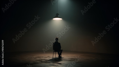 Dark solitary figure in silhouette sitting on a chair in an empty room lit by overhead light. Symbolize a police interrogation room, feeling of trapped. Deep thought, inner self, judged, loneliness