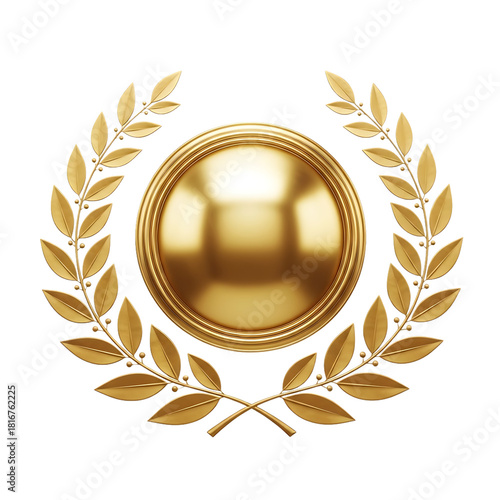 Golden laurel wreath surrounding blank shiny circular medal emblem reward