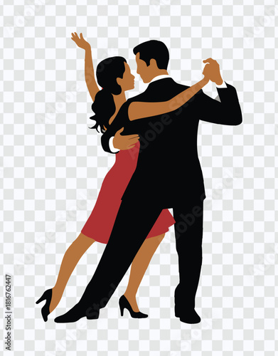 Elegant Couple Dance, Tango Movement, Romantic Connection, Passionate Performance, Black Suit, Red Dress.