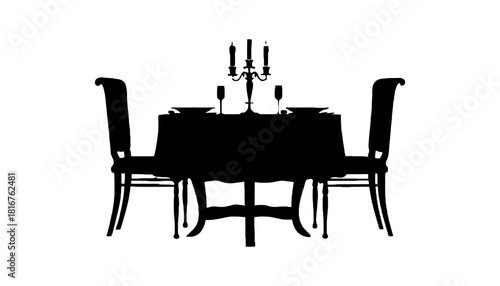 Dining table silhouette with chairs and candle holder vector