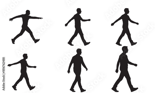 Six distinct human walking poses illustrated as black silhouettes on white background silhouette