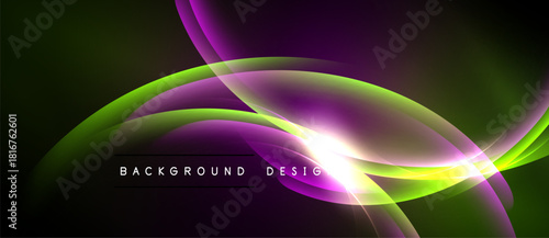 Abstract flowing curves, vibrant colors. Green, purple, yellow blend creating dynamic visual effect. Modern design element.