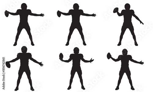 Six american football player silhouettes in various poses with a white background