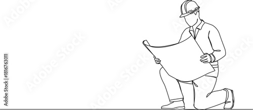 continuous line drawing of contractor looking at construction plan, line art vector illustration