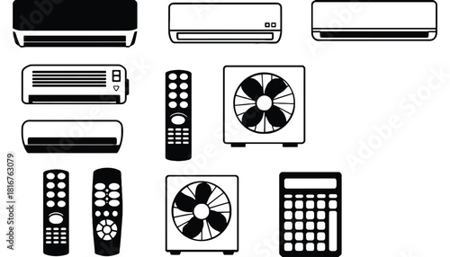 A collection of air conditioners remotes and fans in black and white