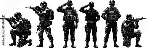 Soldier silhouette illustration set, tactical gear poses, black vector, military theme, rifle stance, combat artwork, defense icon