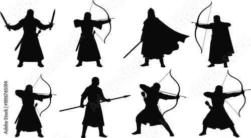Warrior silhouette illustration set, medieval weapons, black vector, combat poses, fantasy theme, historical design, battle artwork
