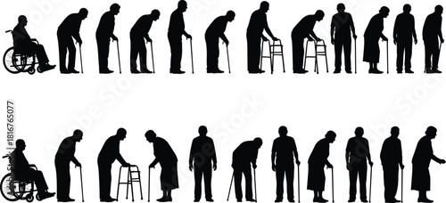 Aging progression silhouette illustration set, life cycle poses, black vector, mobility stages, human decline, health theme artwork