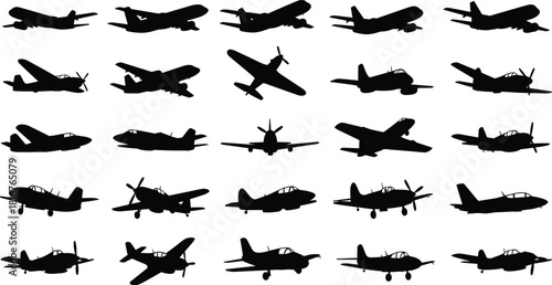 Aircraft silhouette illustration set, airplane types, black vector, aviation design, flight theme, propeller and jet artwork