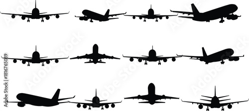 Airplane silhouette illustration set, black vector, aircraft icons, aviation theme, front and side views, flight design artwork