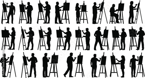 Artist silhouette illustration set, easel poses, black vector, creative activity, painting and drawing, studio theme, design artwork