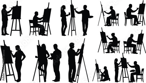 Artist silhouette illustration set, painting and drawing, black vector, easel poses, creative theme, studio artwork, design activity