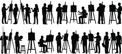 Artist silhouette illustration set, painting poses, black vector, easel activity, creative design, studio theme, art workshop artwork