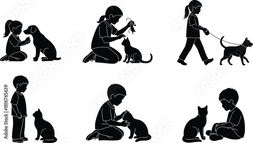 Child and pet silhouette illustration set, black vector, cat and dog interaction, playful poses, companionship theme, animal artwork