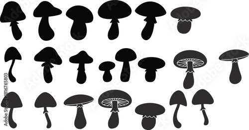 Collection of mushroom silhouettes in various shapes and styles, simple black fungi icons for design, decoration, nature projects, botanical vector graphics