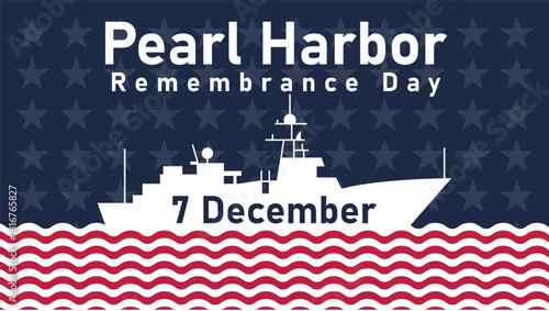Pearl Harbor Remembrance Day Graphic with Navy Ship Silhouette and Red Wave Pattern for December 7 Tribute