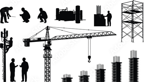 Construction silhouette illustration set, workers and equipment, black vector, building site, industrial activity, structural design, teamwork artwork