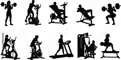 Gym exercise silhouette illustration set, black vector, fitness equipment poses, workout theme, treadmill, bike, barbell, elliptical