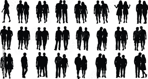 Human interaction silhouette illustration set, walking pairs, black vector, social behavior, posture design, relationship artwork, group theme