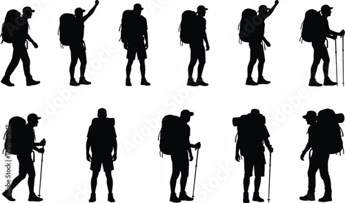 Hiker silhouette illustration set, trekking poses, black vector, outdoor gear, backpack motion, nature theme, adventure artwork