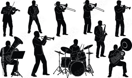 Musician silhouette illustration set, diverse instruments, black vector, performance poses, jazz ensemble, concert theme, artistic artwork