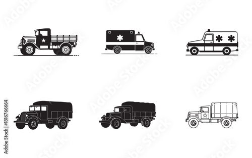 Collection of classic military transport vehicles ambulance and cargo trucks vector