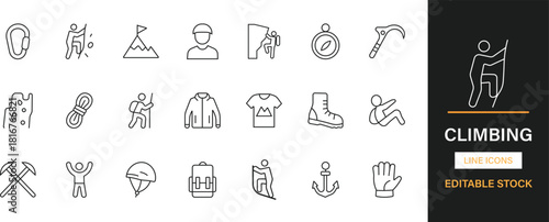 Climbing editable line icons pack. Mountain, hiking, adventure, summit, rope, gear, harness, helmet, cliff, ascent, trail, outdoor, expedition and more icons.