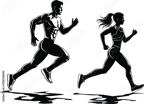 Running athlete silhouette illustration, male and female, black vector, fitness motion, training theme, sportswear artwork, dynamic pose