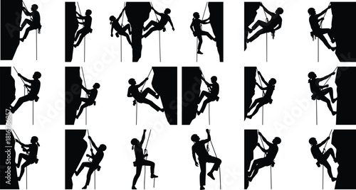 Rock climbing silhouette illustration set, rope and harness poses, black vector, sport technique, adventure theme, fitness artwork