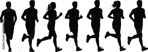 Running motion silhouette illustration set, stride stages, black vector, athletic pose, fitness theme, human movement, sports artwork
