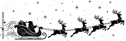 Santa sleigh silhouette illustration, flying reindeer, black vector, Christmas theme, festive night, holiday folklore, seasonal artwork