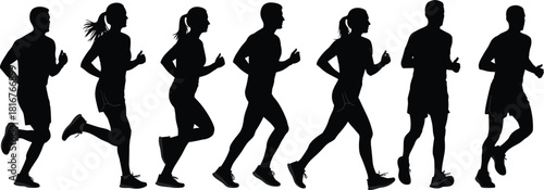 Running silhouette illustration set, athletic stride poses, black vector, fitness motion, sports design, human movement, workout artwork