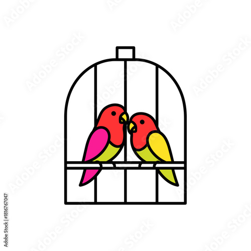 Colorful parrots in birdcage illustration, pet care and avian companionship