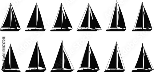 Silhouette sailboat collection, nautical vessel icons, black and white yacht graphics, maritime illustration set, sailing boat designs for creative use