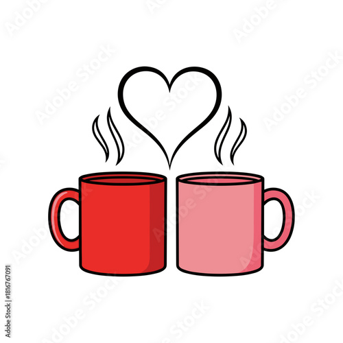 Red and pink coffee mugs with heart shape steam, love and warmth in romantic setting
