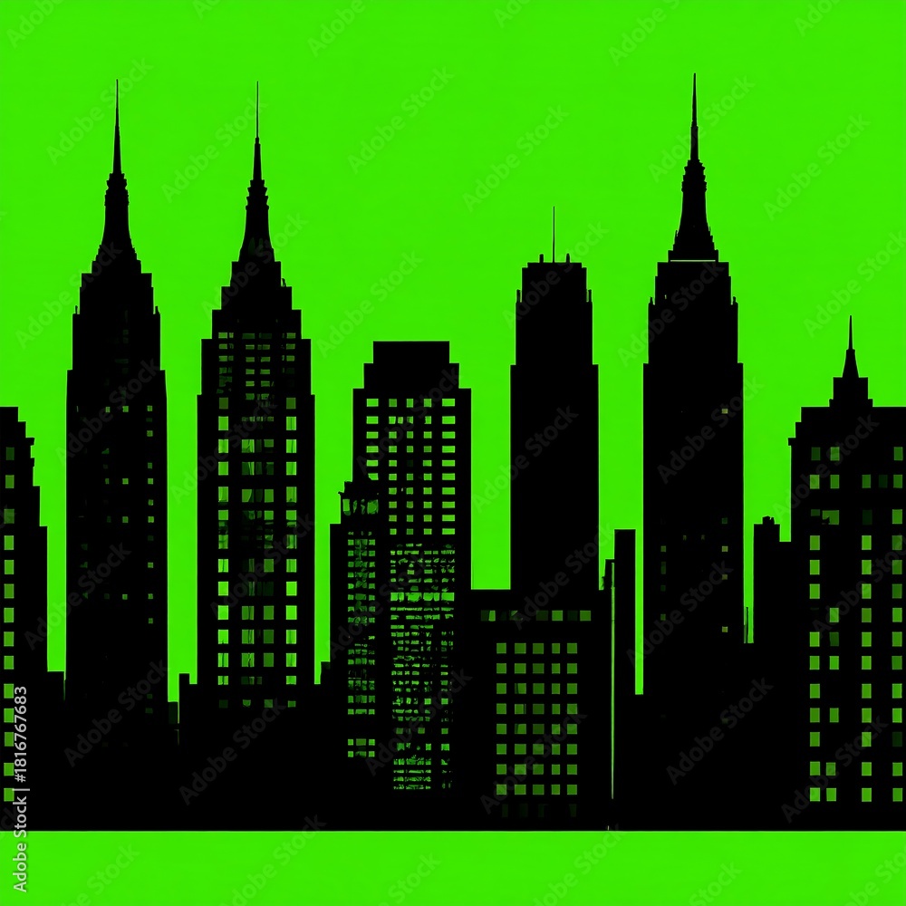 Fototapeta premium A vibrant silhouette of a city skyline featuring several tall buildings against a neon green background, a bold statement
