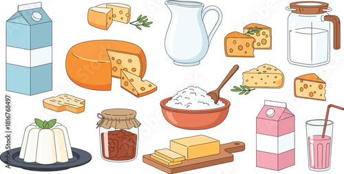 Set of dairy and breakfast food items including milk, various cheeses, butter, jam, and dessert, symbolizing healthy organic farm products and morning nutrition concept